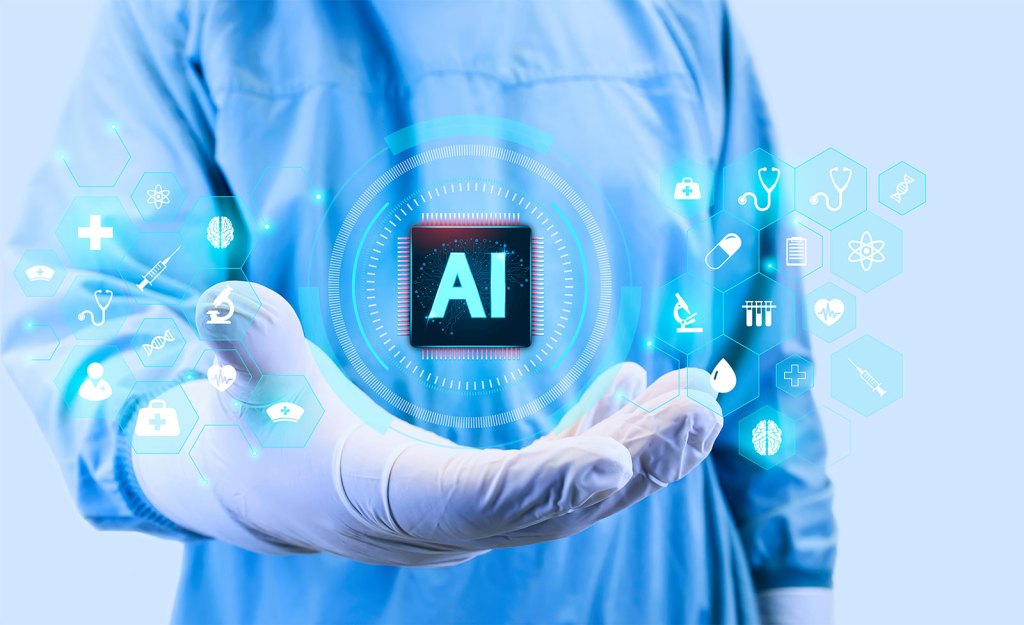 A doctor holding a virtual representation of AI technology
